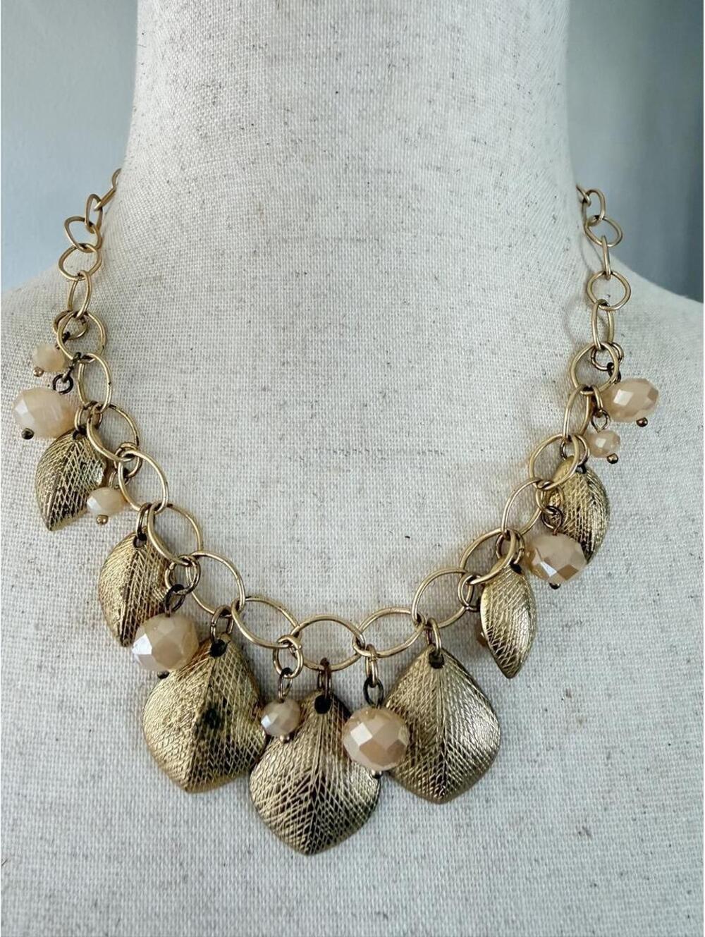 Gold Tone Leaf & Champagne Bead Statement Necklace